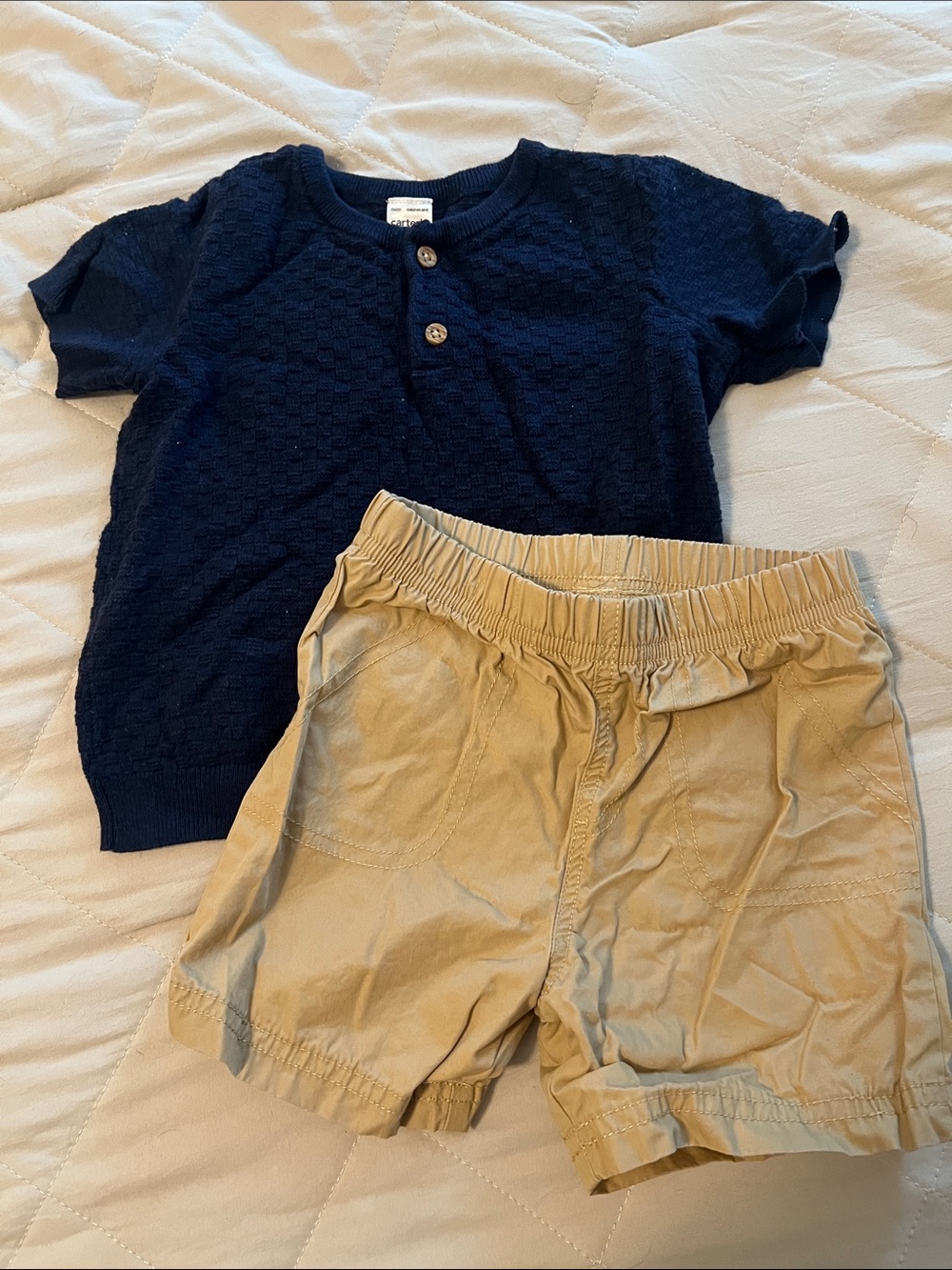 Carter's Navy Knit Top with Khaki Shorts Kids Matching Set